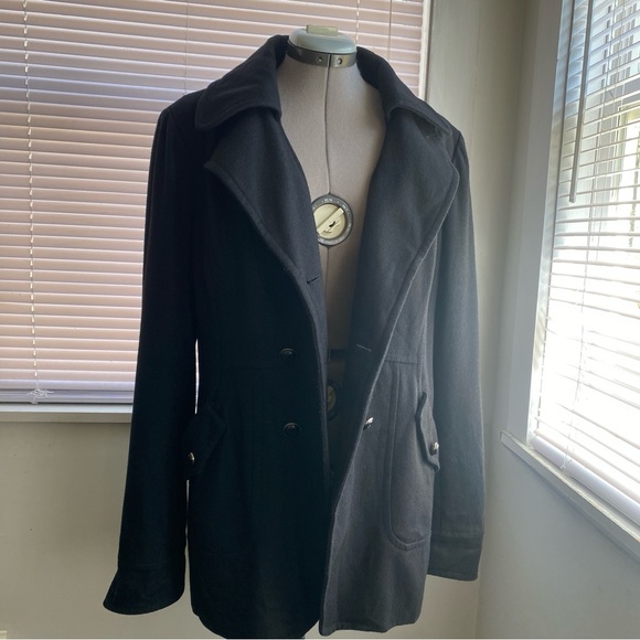 GUESS Women's Black Wool Brend Tailored Pea Coat Dark Academia Size XL - Picture 3 of 11